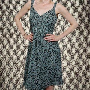 silk ann taylor black & teal sleeveless a line sun dress with leaves